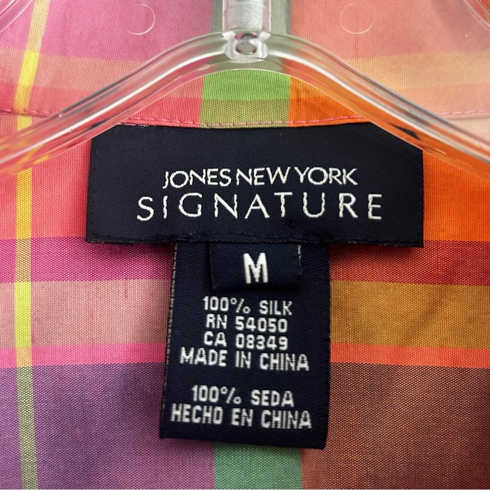 Jones New York Signature Spring Summer Preppy Plaid Silk Shantung Blouse M - Picture 4 of 7